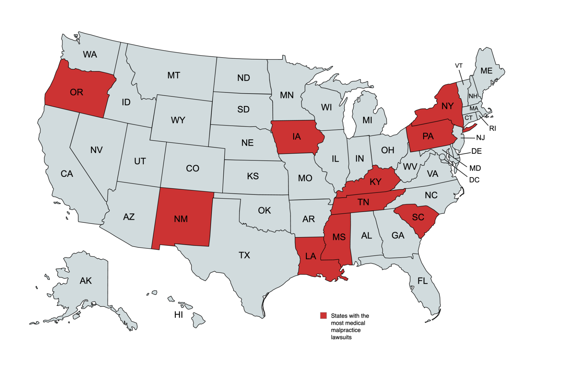 US map showing top states for medical malpractice lawsuits.